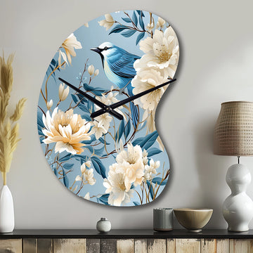 White And Blue Bird Floral Serenade - Asymmetric Metal Wall Clock
